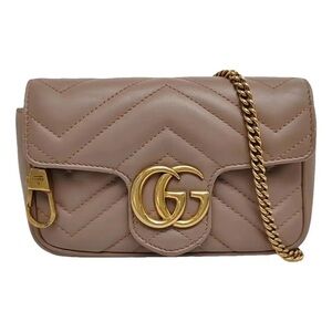 Auth.Gucci Marmont Taupe Mini Bag with Gold Chain